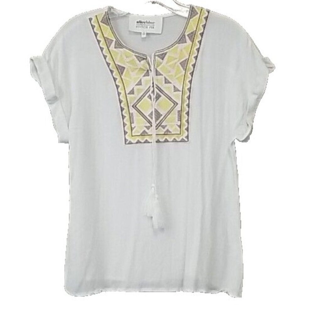 Alice Blue Stitch Fix Womens embroidered Top Small White Short Sleeve BOHO
